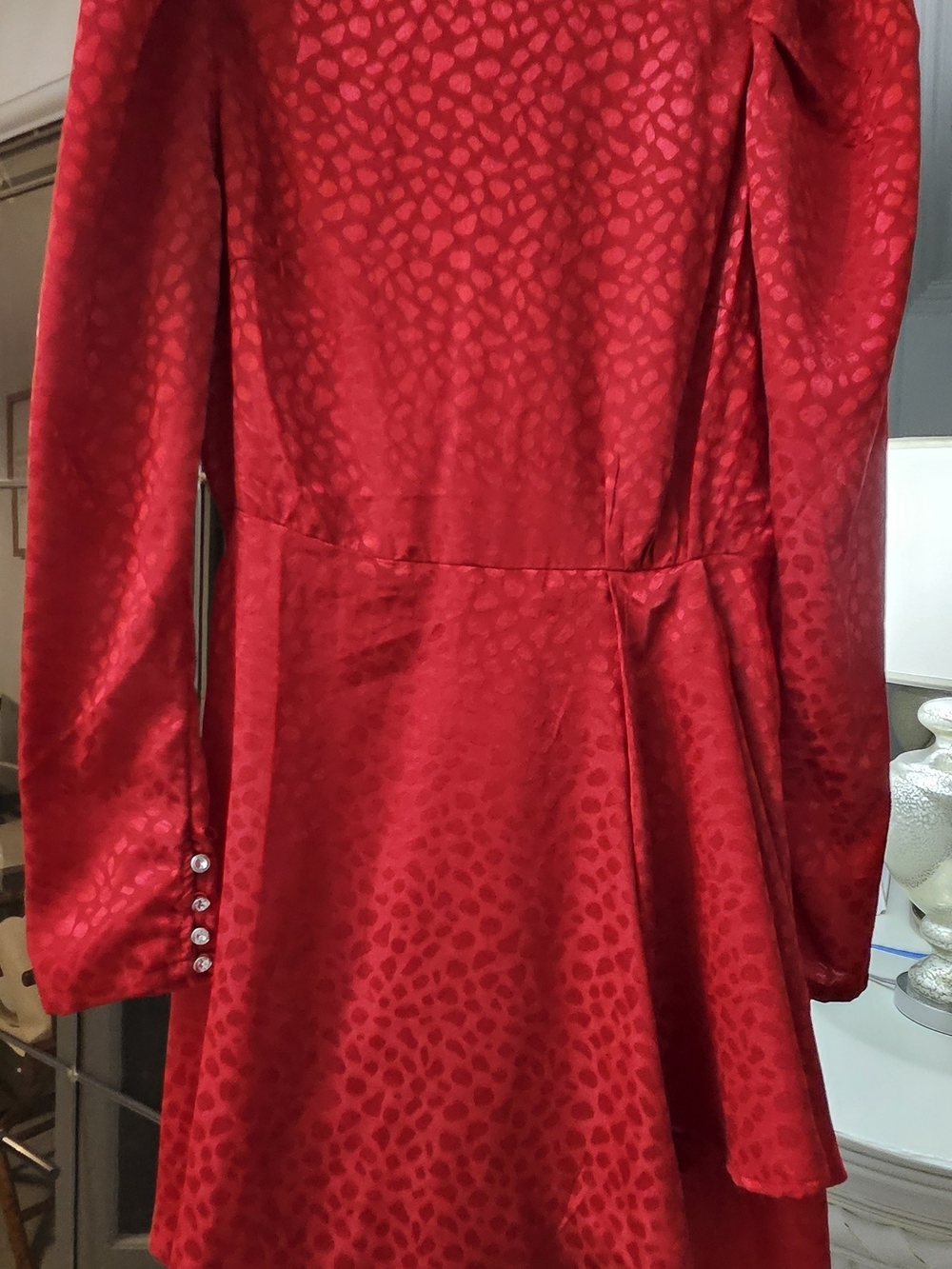 Red Satin Jacquard Long Sleeve Dress